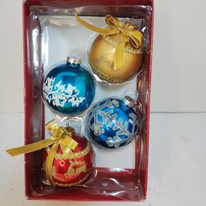 VTG December Home 4ct Glass Christmas Ornaments Red Blue Gold Snowflake Reindeen